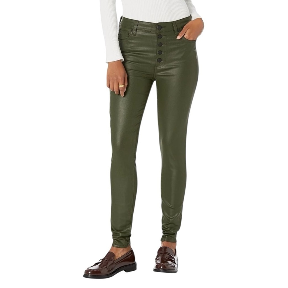 KUT Mia High Rise Slim Skinny in Oilive Green Size 16 Coated Button Fly